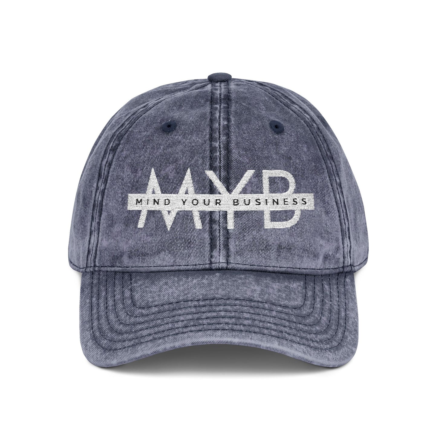 Blue cap with 'MYB' logo and text on a white background