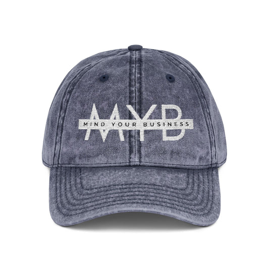 Blue cap with 'MYB' logo and text on a white background